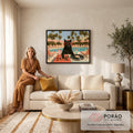 Quadro Decorativo Grande Gato DJ de Óculos para Sala Preto | quadros decorativos para sala de estar | gato preto de óculos e headphone como DJ à beira da piscina com palmeiras | em ambiente 3 | Porao dos Quadros