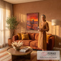 Cavalo branco galopando na praia sob pôr do sol vermelho e laranja, reflexo na areia molhada, quadro decorativo