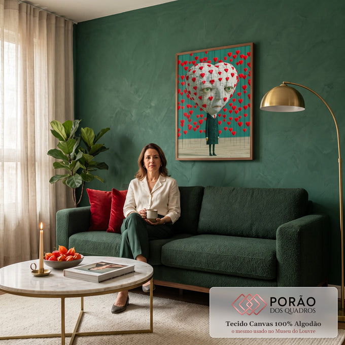 Figura surreal com cabeça de coração e corações vermelhos suspensos em fundo verde, quadro decorativo