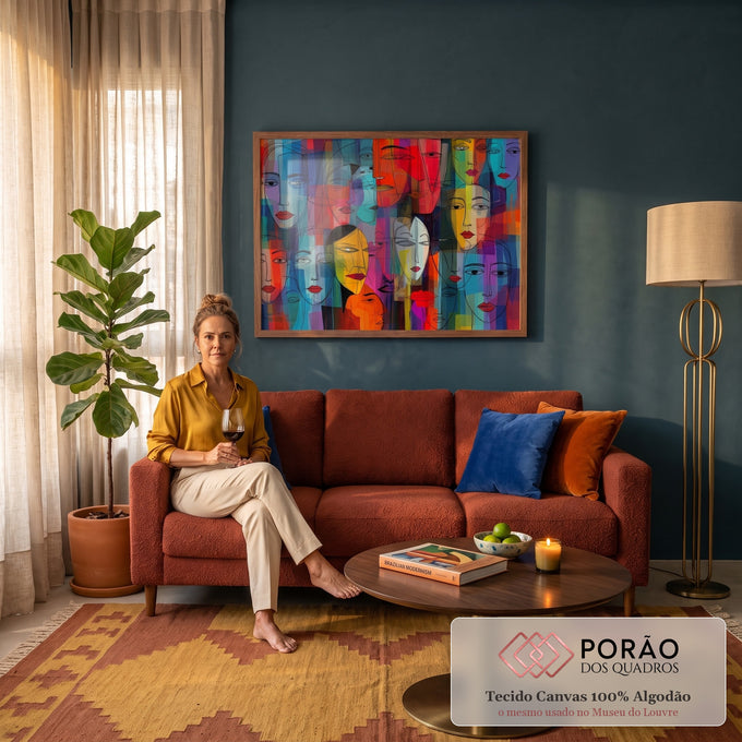 Quadro Decorativo Grande Rostos Femininos para Sala Azul | quadros decorativos para sala de estar | múltiplos rostos femininos estilizados em linhas pretas sobre fundo colorido em blocos geométricos | em ambiente 3 | Porao dos Quadros