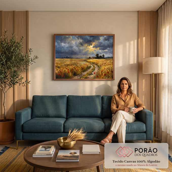 Quadro Decorativo Grande Paisagem Campo de Trigo para Sala | quadros decorativos para sala de estar | campo de trigo dourado com papoulas vermelhas e céu nublado com raios de sol | em ambiente 3 | Porao dos Quadros
