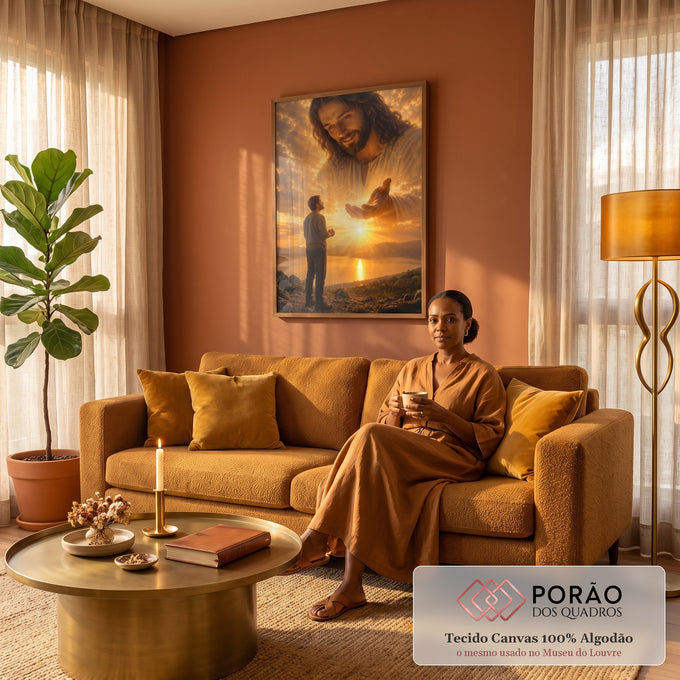 Quadro Decorativo Grande Jesus Estendendo para Sala Laranja | quadros decorativos para sala de estar | Jesus surge entre nuvens douradas estendendo a mão sobre homem em oração ao pôr do sol | em ambiente 3 | Porao dos Quadros