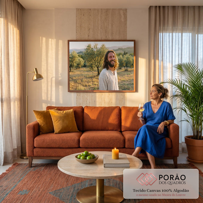 Jesus sorrindo de túnica bege em olival ao pôr do sol, luz dourada e colinas ao fundo, quadro decorativo