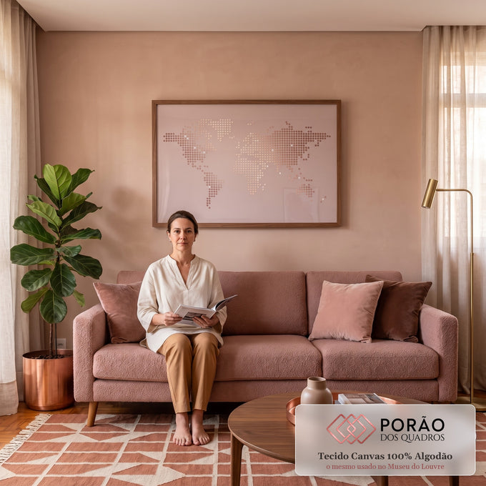 Quadro Decorativo Grande Mapa Mundi em Pontos para Sala Rosa | quadros decorativos para sala de estar | mapa múndi formado por pontos em tons de rosé e cobre sobre fundo rosa claro | em ambiente 3 | Porao dos Quadros