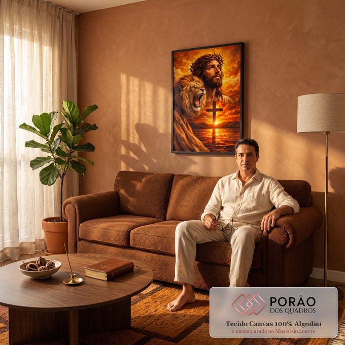 Quadro Decorativo Grande Jesus com Leão para Sala Laranja | quadros decorativos para sala de estar | Jesus com coroa de espinhos ao lado de leão rugindo e cruz ao pôr do sol | em ambiente 3 | Porao dos Quadros