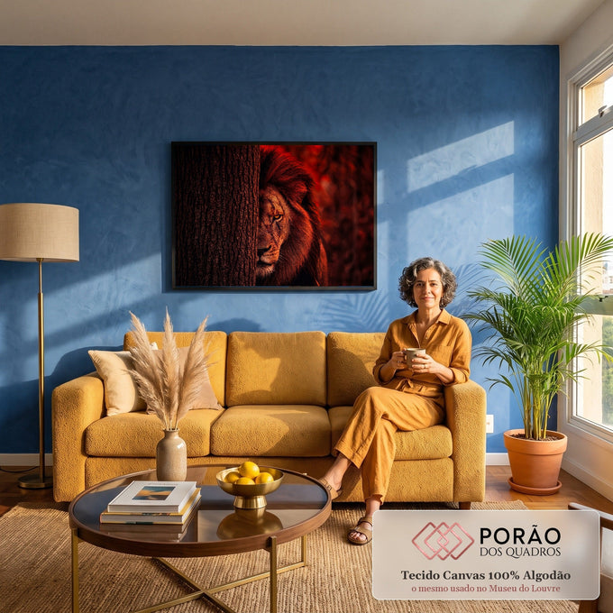 Quadro Decorativo Grande Leão Espreitando para Sala Vermelho | quadros decorativos para sala de estar | leão com cicatrizes espreitando atrás de árvore em tons vermelhos intensos | em ambiente 3 | Porao dos Quadros