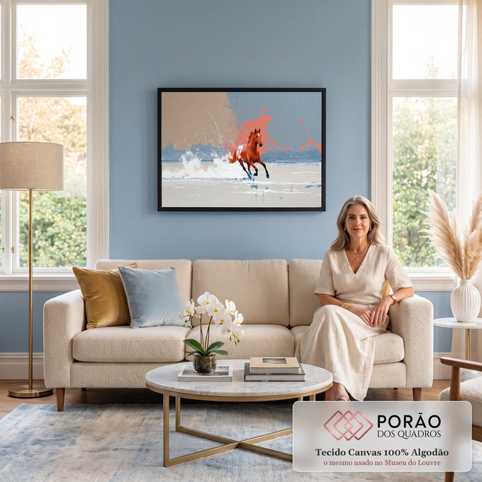 Cavalo alazão galopando na água rasa com respingos, fundo abstrato cinza, bege e coral, quadro decorativo