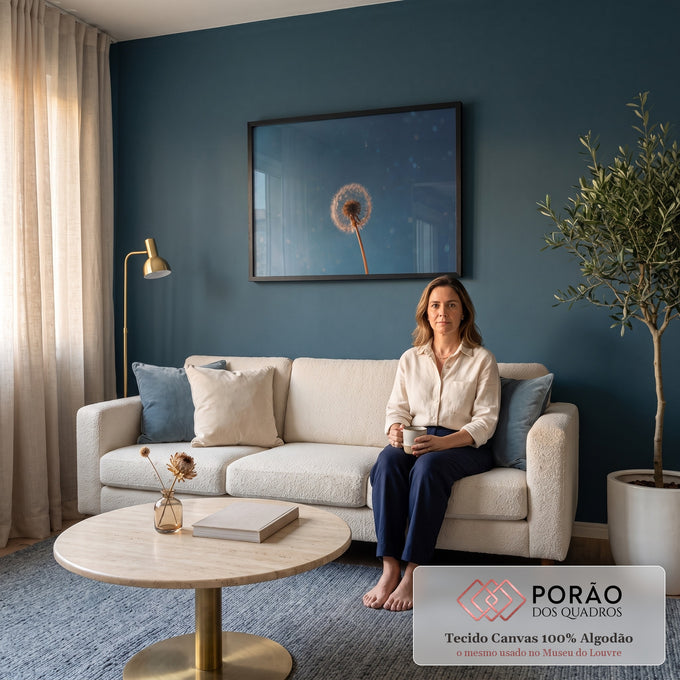 Dente-de-leão iluminado em contraluz contra céu azul com pontos de luz em bokeh, quadro decorativo
