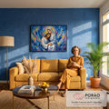 Quadro Decorativo Grande Jesus e Maria para Sala Azul | quadros decorativos para sala de estar | Jesus e Maria abraçados sobre fundo abstrato em azul, rosa e dourado | em ambiente 3 | Porao dos Quadros