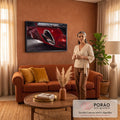 Quadro Decorativo Grande Escapamento Cromado para Sala | quadros decorativos para sala de estar | close-up de carro vermelho com escapamento cromado duplo em pintura realista | em ambiente 3 | Porao dos Quadros