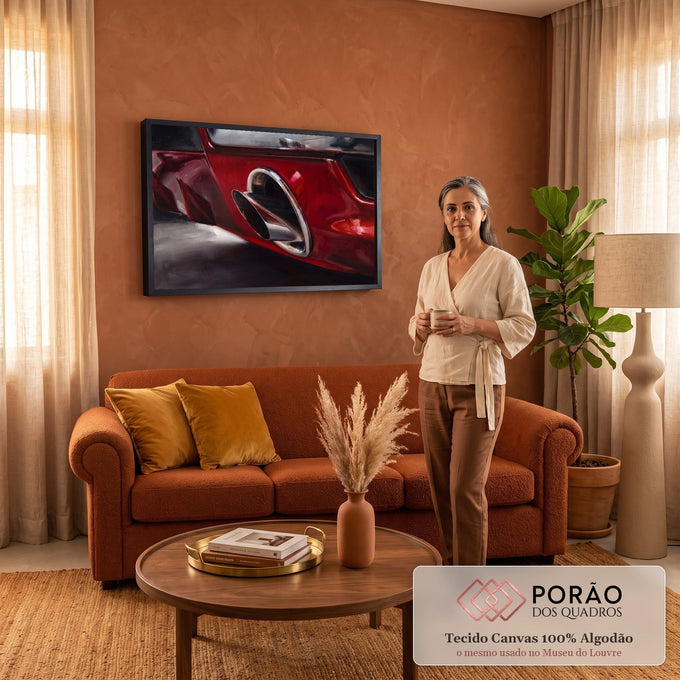 Quadro Decorativo Grande Escapamento Cromado para Sala | quadros decorativos para sala de estar | close-up de carro vermelho com escapamento cromado duplo em pintura realista | em ambiente 3 | Porao dos Quadros