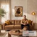 Quadro Decorativo Grande Leão com Coroa para Sala Dourado | quadros decorativos para sala de estar | leão com coroa dourada caminhando com figura de Jesus ao fundo em névoa dourada | em ambiente 3 | Porao dos Quadros