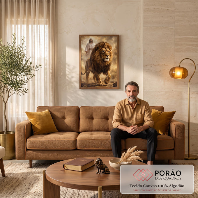 Quadro Decorativo Grande Leão com Coroa para Sala Dourado | quadros decorativos para sala de estar | leão com coroa dourada caminhando com figura de Jesus ao fundo em névoa dourada | em ambiente 3 | Porao dos Quadros
