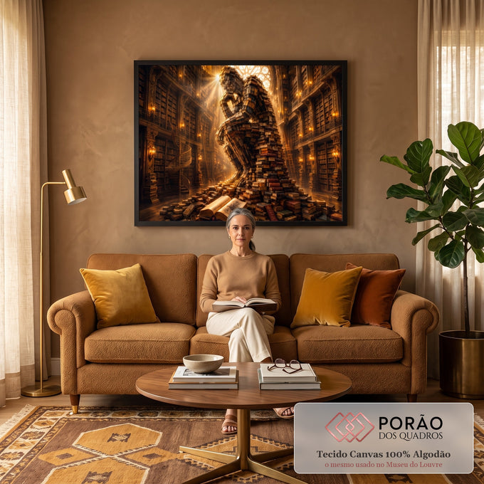 Quadro Decorativo Grande Escultura Biblioteca para Sala | quadros decorativos para sala de estar | escultura de livros formando figuras abraçadas em biblioteca iluminada por vitral dourado | em ambiente 3 | Porao dos Quadros
