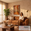 Quadro Decorativo Caminho na Floresta de Outono com Luz | quadros decorativos para sala de estar | floresta de outono com caminho de folhas e luz dourada ao fundo entre árvores | em ambiente 3 | Porao dos Quadros