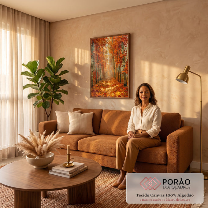 Quadro Decorativo Caminho na Floresta de Outono com Luz | quadros decorativos para sala de estar | floresta de outono com caminho de folhas e luz dourada ao fundo entre árvores | em ambiente 3 | Porao dos Quadros