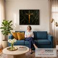 Jesus crucificado em cruz dourada sobre fundo de mármore preto esverdeado com veios dourados, quadro decorativo