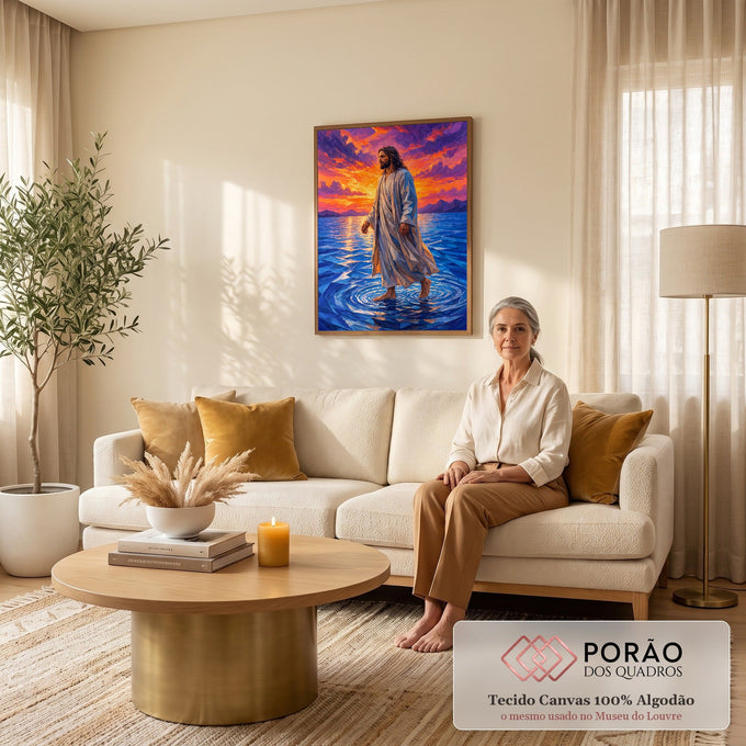 Quadro Decorativo Grande Jesus Milagre para Sala Azul | quadros decorativos para sala de estar | Jesus de manto branco caminhando sobre mar azul sob céu laranja e roxo ao entardecer | em ambiente 3 | Porao dos Quadros