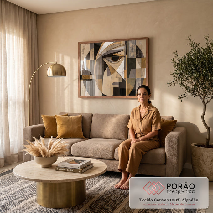Quadro Decorativo Grande Rosto Geométrico para Sala Bege | quadros decorativos para sala de estar | rosto abstrato em formas geométricas com olho em destaque, tons bege, preto e dourado | em ambiente 3 | Porao dos Quadros