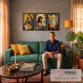 Quadro Decorativo Kit 3 Telas Nossa Senhora Anjo para Sala | quadros decorativos para sala de estar | tríptico sacro com Nossa Senhora, Jesus com coroa de espinhos e anjo dourado | em ambiente 3 | Porao dos Quadros