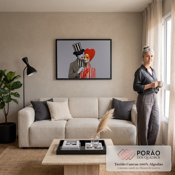 Quadro Decorativo Grande Casal Estilizado para Sala Preto | quadros decorativos para sala de estar | duas figuras com maquiagem artística, cartola listrada e adereço de coração vermelho | em ambiente 3 | Porao dos Quadros