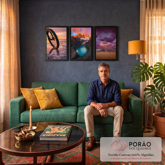 Quadro Decorativo Kit 3 Telas Paisagens de Viagem para Sala | quadros decorativos para sala de estar | roda de bike refletida em salar, lagoa turquesa entre montanhas e vila de praia sob céu roxo | em ambiente 3 | Porao dos Quadros