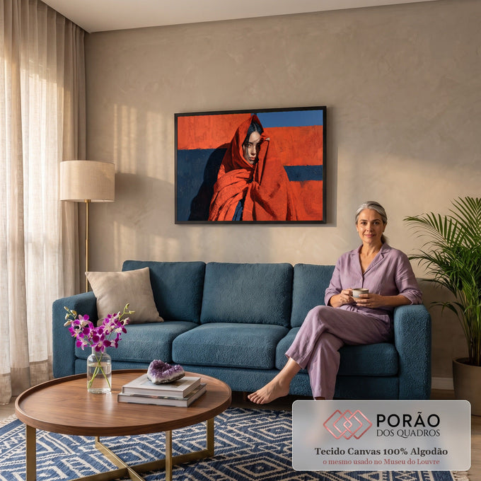 Jovem mulher de cabelo preto envolta em xale laranja diante de parede azul e laranja, quadro decorativo