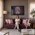 Árvore de fio dourado com folhas de ametista e quartzo rosa sobre drusa de cristal, quadro decorativo