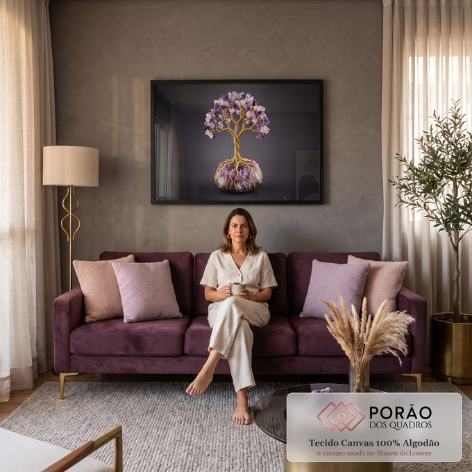 Árvore de fio dourado com folhas de ametista e quartzo rosa sobre drusa de cristal, quadro decorativo