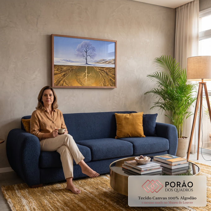 Árvore nevada sob céu azul com raízes douradas espelhadas na terra, pintura a óleo, quadro decorativo