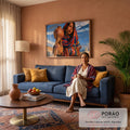 Quadro Decorativo Mulher com Cântaro de Barro e Xale | quadros decorativos para sala de estar | mulher com xale colorido carregando cântaro de barro, fundo com igreja e montanhas | em ambiente 3 | Porao dos Quadros