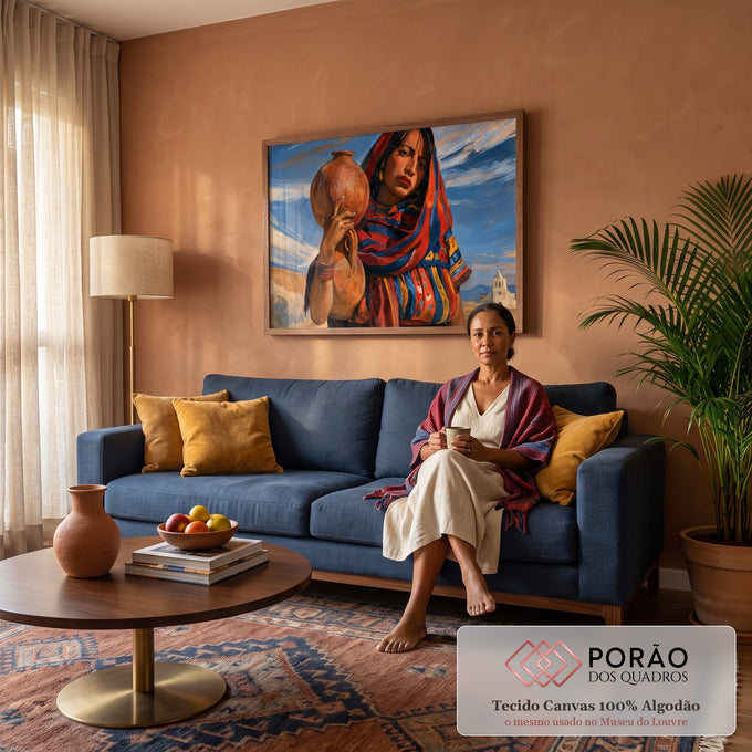 Quadro Decorativo Mulher com Cântaro de Barro e Xale | quadros decorativos para sala de estar | mulher com xale colorido carregando cântaro de barro, fundo com igreja e montanhas | em ambiente 3 | Porao dos Quadros