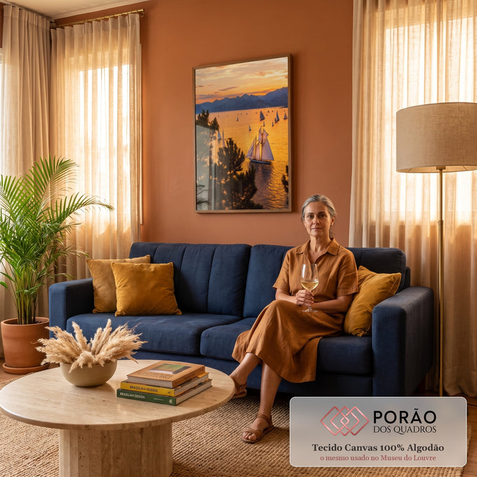 Quadro Decorativo Grande Veleiros para Sala Laranja | quadros decorativos para sala de estar | veleiros navegando em baía dourada ao pôr do sol com montanhas ao fundo | em ambiente 3 | Porao dos Quadros