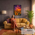 Campo de girassóis amarelos sob céu roxo e laranja com sol se pondo atrás de colina, quadro decorativo
