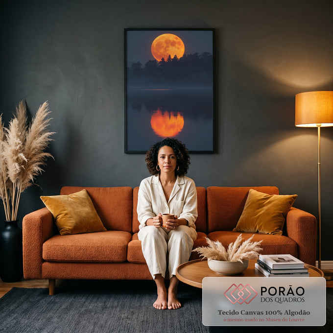 Lua cheia laranja sobre silhueta de pinheiros refletida em lago enevoado ao anoitecer, quadro decorativo