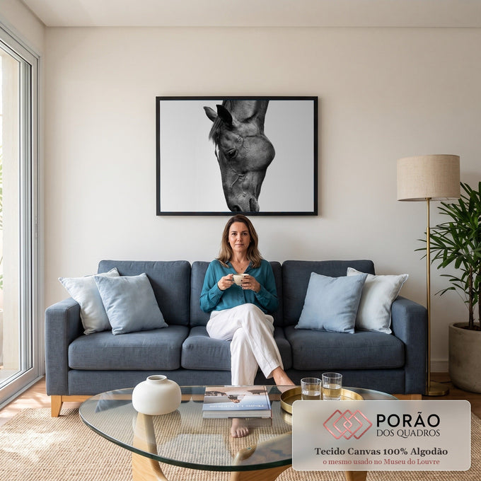 Foto em preto e branco da cabeça de um cavalo inclinada, em close, sobre fundo claro, quadro decorativo