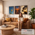 Quadro Decorativo Kit 3 Telas Girassol Píer para Sala | quadros decorativos para sala de estar | girassol, píer de madeira ao pôr do sol e perfil de homem com coroa de espinhos e cruz | em ambiente 3 | Porao dos Quadros
