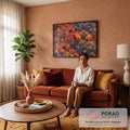 Folhas de bordo vermelhas e laranja com gotas de chuva sobre fundo de floresta outonal, quadro decorativo