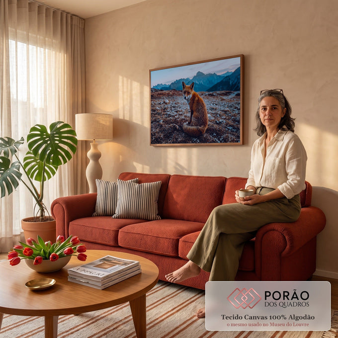 Raposa-vermelha sentada em campo pedregoso olhando para trás, montanhas azuis ao fundo, quadro decorativo