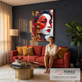 Rosto de gueixa pintado em vermelho e branco com cerejeiras e pagodes dourados, quadro decorativo