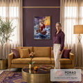 Quadro Decorativo Grande Jesus Acalmando para Sala Roxo | quadros decorativos para sala de estar | Jesus de braços erguidos num barco em meio a tempestade e céu dourado | em ambiente 3 | Porao dos Quadros