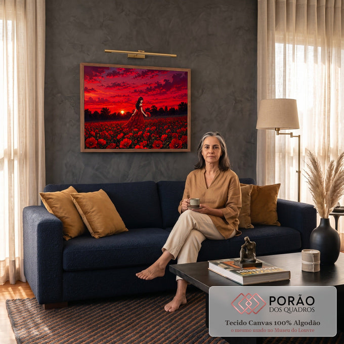 Mulher de vestido vermelho caminhando em campo de papoulas ao pôr do sol vermelho, quadro decorativo