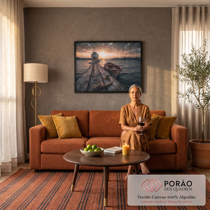 Quadro Decorativo Grande Cais de Madeira para Sala Laranja | quadros decorativos para sala de estar | cais de madeira com corda, barco rústico e pôr do sol dourado no porto | em ambiente 3 | Porao dos Quadros
