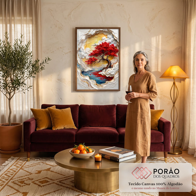 Quadro Decorativo Grande Árvore Vermelha para Sala Dourado | quadros decorativos para sala de estar | árvore de folhas vermelhas com tronco retorcido sobre céu dourado e nuvens texturizadas | em ambiente 3 | Porao dos Quadros