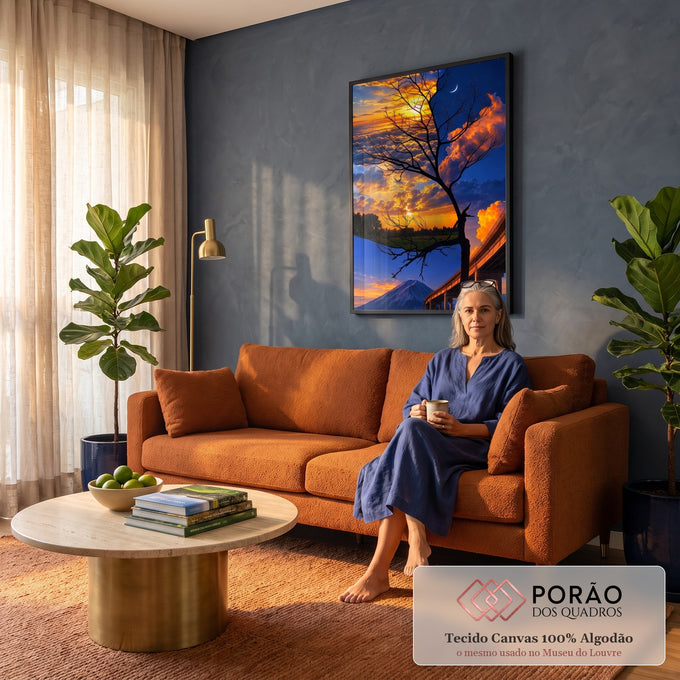 Quadro Decorativo Grande Árvore o Dia para Sala Laranja | quadros decorativos para sala de estar | árvore silhueta dividindo pôr do sol dourado e céu noturno estrelado com Monte Fuji | em ambiente 3 | Porao dos Quadros