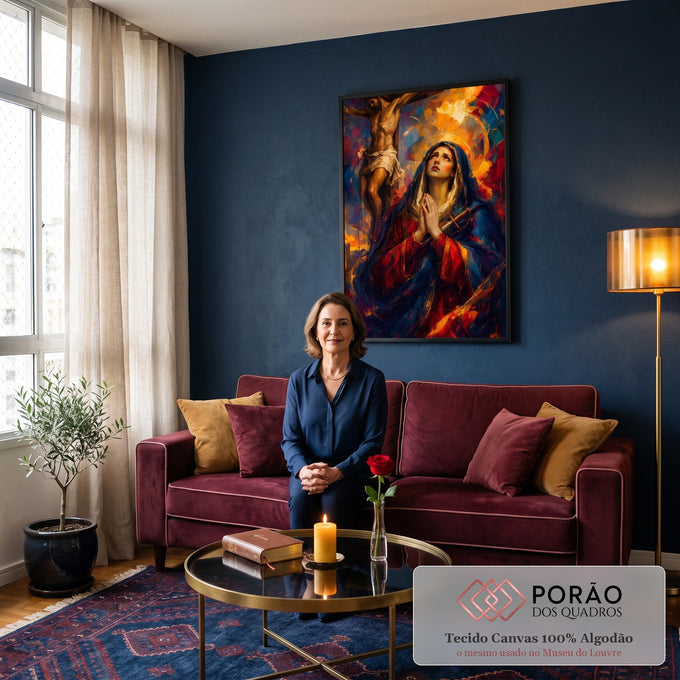 Quadro Decorativo Grande Nossa Senhora das Dores para Sala | quadros decorativos para sala de estar | Nossa Senhora em oração com espada no peito e Cristo crucificado ao fundo | em ambiente 3 | Porao dos Quadros