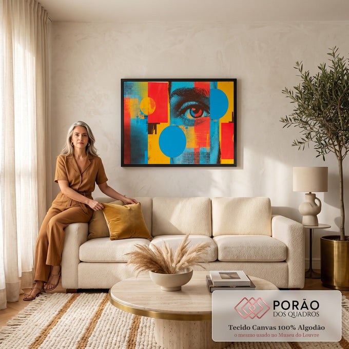Olho feminino em close com colagem pop art, halftone e círculos azuis, vermelhos e amarelos, quadro decorativo