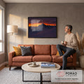 Quadro Decorativo Grande Pico Nevado para Sala Laranja | quadros decorativos para sala de estar | pico de montanha nevado contra céu laranja intenso ao entardecer | em ambiente 3 | Porao dos Quadros