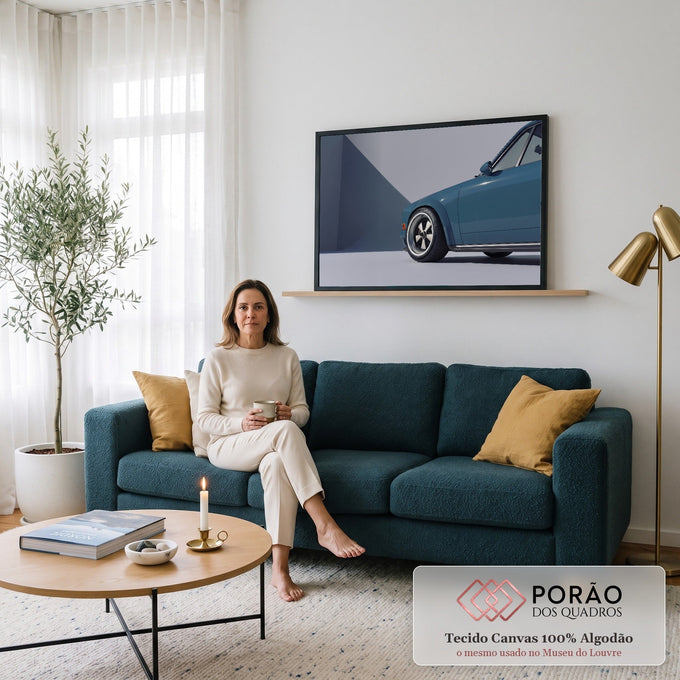 Porsche 911 clássico azul petróleo em close na roda Fuchs, fundo cinza minimalista, quadro decorativo