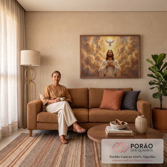 Jesus com as mãos no peito olhando a pomba do Espírito Santo entre nuvens douradas, quadro decorativo